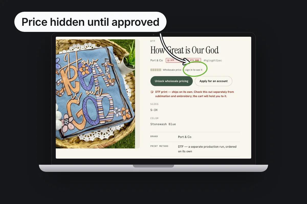 Laptop showing a 1/2 Penny product page with the wholesale price masked and 'sign in to see it' circled, labeled 'Price hidden until approved'.